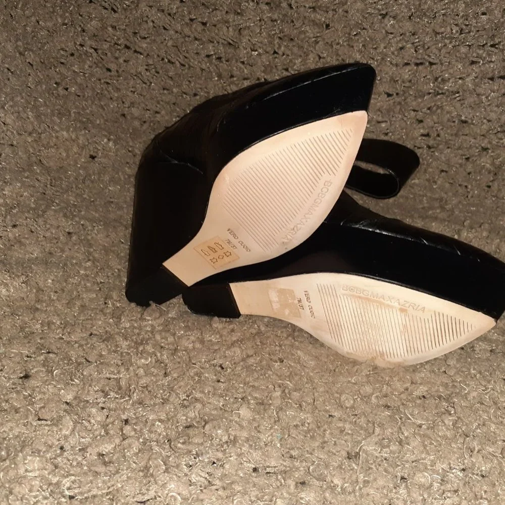 BCBGMAXAZRIA-Arcade-Wedge Sandals-Ankle Wrap-Black Croc Print Leather-Sz 7-NWOB